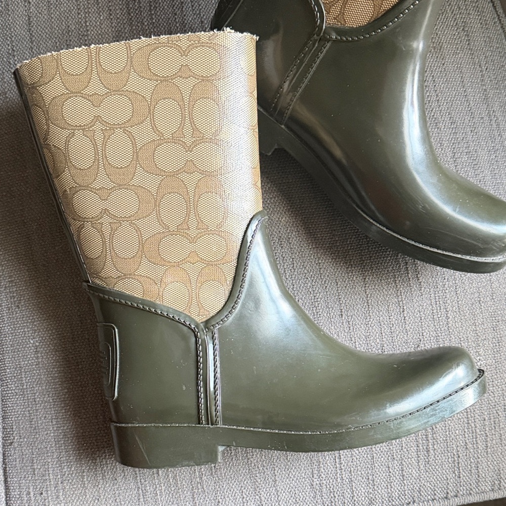 Coach Classic Print Olive and Beige Rain Boots